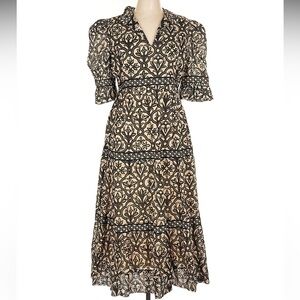 Gretchen Scott Ruffneck 100% Cotton Tiered Maxi Dress Large Black Tan.       G55